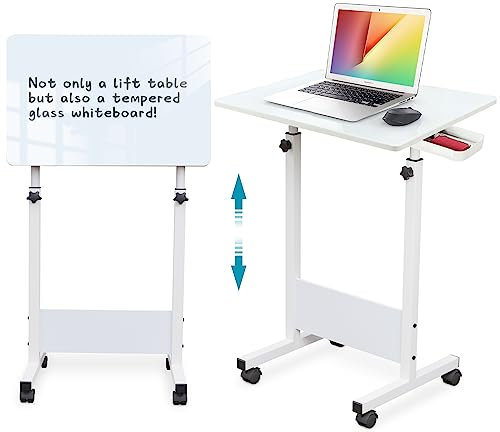 KOUPA Adjustable Height Standing Desk, Writable Tempered Glass Desktop with Eraser, 360° Flip, Wheels – Ideal for Small Spaces and Home Offices, 31 in, White(Adjustable Height: 32-47 in)