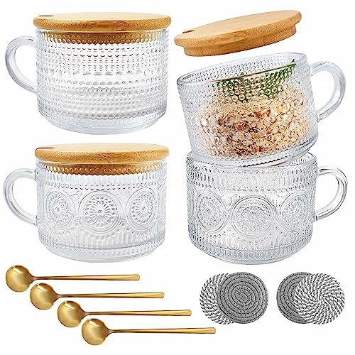 Eidoct Vintage Coffee Glass Mugs Set of 4, 14oz Overnight Oats Containers with Wooden Lids, Coaster and Spoons, Glass Coffee Cups with Handle, for Cappuccino, Latte, Tea, Gift