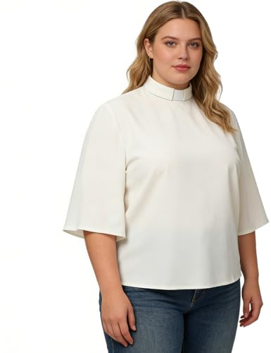 Dam elegant regular fit utsvängda halvärmar ståkrage blus skjorta enfärgad toppar casual arbetstoppar för kyrka, Vit, M