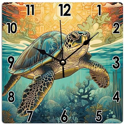 Vinisong Horloge murale décorative en PVC motif tortue de mer, océan, fond marin, monde animal, thème océan, plage, horloges murales suspendues à piles pour salon 25,4 x 25,4 cm
