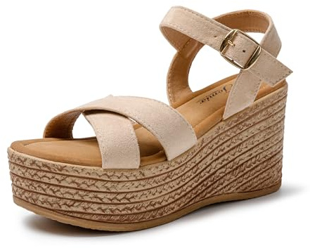 JOMIX Sandales Espadrilles Compensées Femme Sandale Femme Sandales Compensé d'été Sandale Réglable avec Boucle pour Maison Piscine Plage (Beige, 41)
