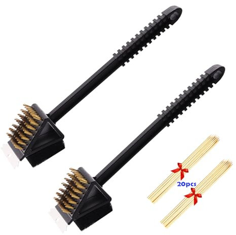 LAIBOREC Spazzola per griglia e raschietto BBQ, 3 in 1 Accessori per spazzole per pulizia barbecue 2 pezzi con 20 spiedini di bambù gratuiti, Spazzola per pulizia tripla per barbecue