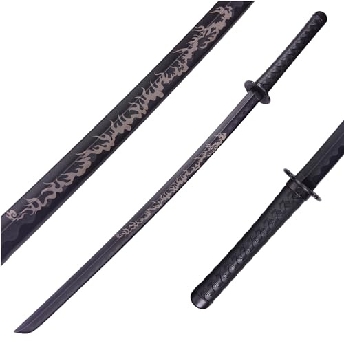 Polypropylene Katana Sword - Japanese Training Samurai Sword, Blunt Longsword, Martial Arts Practice, Safe, Easy, Cosplay, Black, Dragon, Fire, for Men and Women, Fire