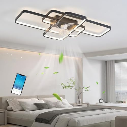 LED Deckenventilator Mit Beleuchtung, Modern LED Deckenleuchte Mit Ventilator, Leise mit Fernbedienung und APP Dimmbare Lampe mit Ventilator für Esszimmer Schlafzimmer Licht (Schwarz, L85cm)