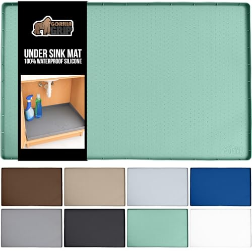 GORILLA GRIP Waterproof Silicone Under Sink Mat with Raised Lip for Kitchen and Bathroom, Cabinet Shelf Liner Stay in Place Mats Dishwasher Safe Drawer Liner, Organizer Tray, 15 x 22 in, Mint