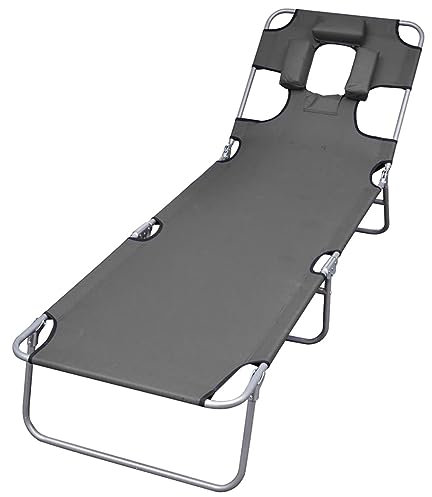 LAPOOH Sonnenliege Klappbar Kopfkissen Verstellbare Rückenlehne Grau, Gartenliege, Liegestuhl, Sonnenstuhl, Sonneninsel Outdoor, Liegen, Gartenmöbel, Bäderliege, Relaxliege - 44295