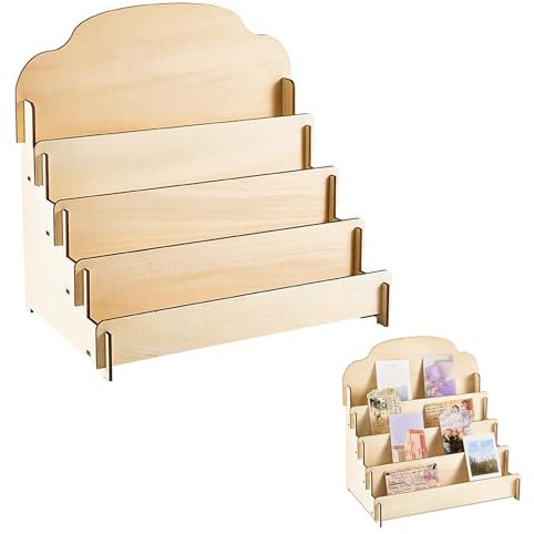LONGHAO 4 Etagen GrußKartenstäNder PostkartenstäNder Holz Display | StäNder Schlitz Holz Schmuck Display StäNder,ArtenstäNder FüR Postkarten,Aufkleber,Feiertags-Geschenkkarten (Holzfarbe)