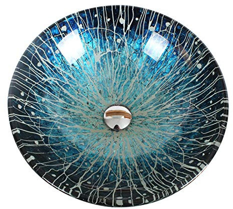 HDMOZUYT Lavandino Artistico per Bagno Lavabo Moderno Rotondo in Vetro temperato Lavabo da appoggio Blu con Scarico a Scomparsa