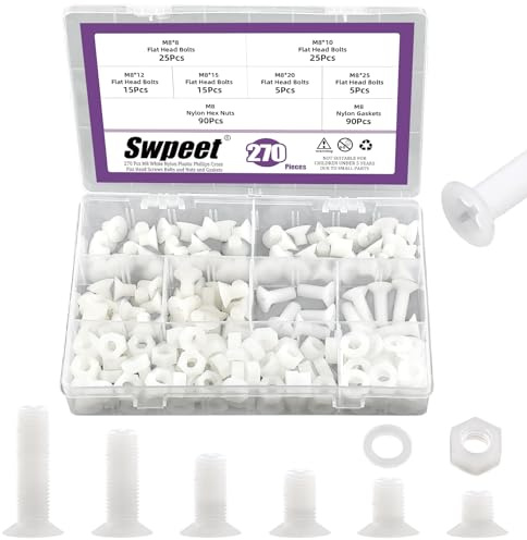 Swpeet Lot de 270 vis à tête plate cruciforme M8 en nylon blanc avec écrous et joints Assortiment de vis à tête plate en nylon, longueur 8/10/12/15/20/25 mm
