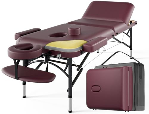 DOVANS Professionelle Massageliege, tragbar, 3-fach faltbar, Premium-Memory-Schaum, Aluminium-Bein, hält bis zu 500 kg, 8 Höhen, verstellbar, mit Tragetasche, Burgunderrot