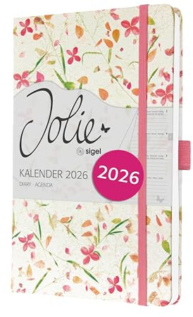 SIGEL J6307 Wochenkalender 2026 ca. A5, weiß, pink, Hardcover, Gummiband, Stiftschlaufe, Einstecktasche, 174 Seiten, vegan, aus nachhaltigem Papier, Terminplaner Taschenkalender Jolie