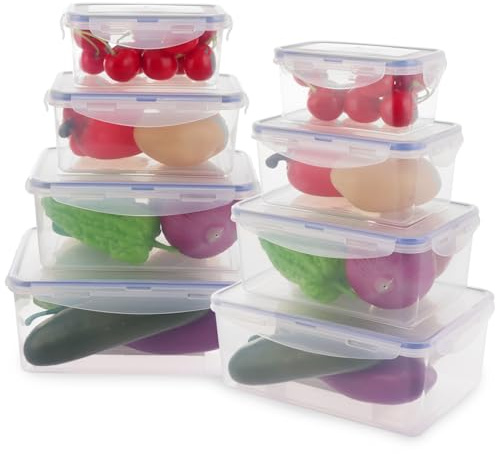 ZOFUN 8 Pcs Food Storage Containers with Lids, 450/900/1500/2500 ml Plastic Food Containers BPA Free, Airtight Fruit Storage Containers for Fridge, Rectangular Freezer Storage Boxes Dishwasher Safe