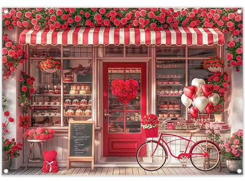 Luminora 2,1 x 1,5 m,Toile de Fond en Tissu pour la Saint-Valentin, décoration de fête de Mariage, bannière Photo, Dessert Rouge, Fleurs, cœur, Ballons