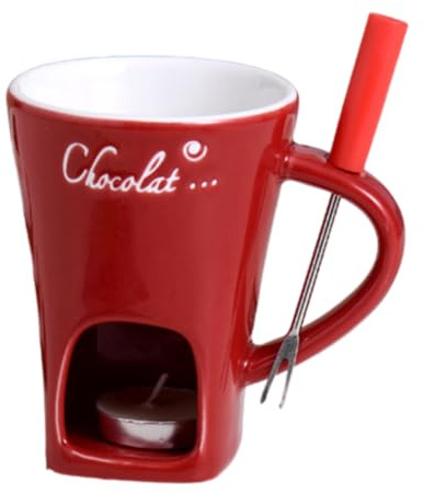 ARSBORUI Schokoladen Fondue Becher, Schokoladenfondue Set, Teelicht Schokofondue Tasse aus Keramik, Kleines Fondueset für Schokolade Käse, Schokoladen Fondue Tasse mit Edelstahl Gabeln (Rot)