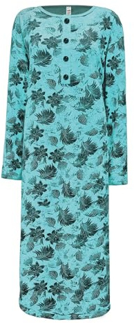 i-Smalls Women's Thermal Nightdress Super Soft Fleece Leaf Print Button Down Nightshirt Nightie (3XL) Turquoise