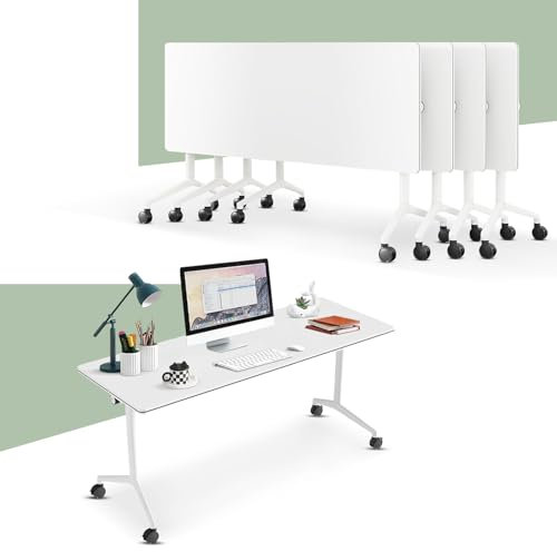 Konferenzraumtisch, Besprechungstisch, weißer, faltbarer, mobiler Schulungstisch mit Klappplatte fürs Büro, tragbarer Klapptisch mit Sichtschutz und Feststellrollen für das Büro im Klassenzimmer