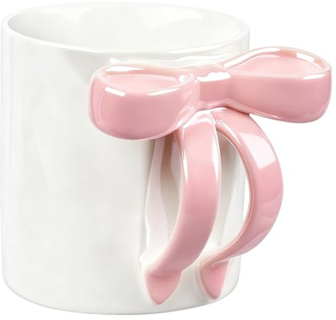Disoza Taza de café con lazo rosa de 350 ml, taza linda de porcelana, taza de café y té, taza de cerámica con lazo y asa