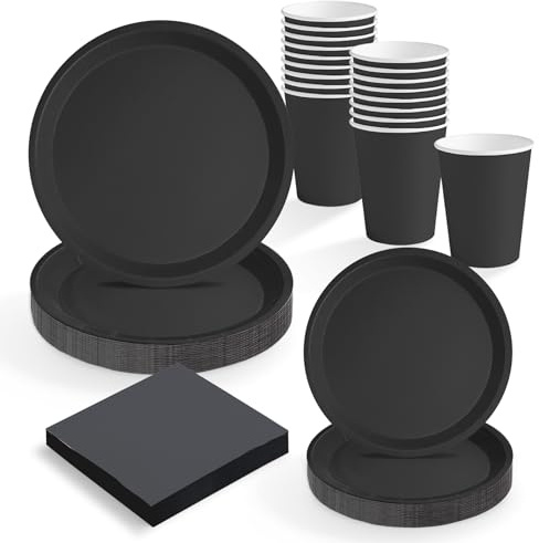 MAXI PRODUCTS - Set Vajilla Desechable Fiesta 20 Personas Negro - 114 piezas - Vasos Cartón 270 cc + Platos Cartón Ø17 y Ø20,5 cm + Servilletas Papel 25x25 cm - Menaje para Cumpleaños y Eventos