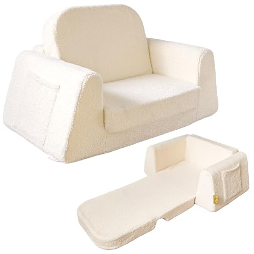 BanaSuper Sofá Cama Infantil 2 en 1, Sillón Convertible y Cama Plegable para Niños, Tejido Sherpa Suave, Funda Desenfundable Lavable, Regalo del Niño y Cumpleaños, Beige