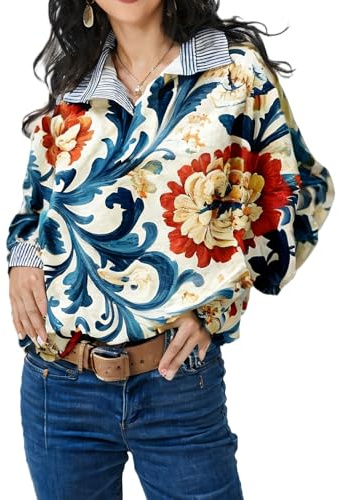 JOVIECROWN Stand Collar Blouse for Women, Long Sleeve Ruffle Button Down Shirt for Business Casual & Dressy Office Wear (Medium,Vintage Floral)