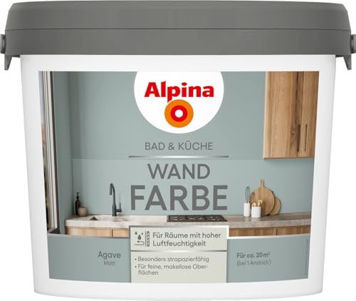 Alpina Bad & Küche Wandfarbe Agave – matte Innenfarbe für Feuchträume, hohe Deckkraft & tropfgehemmt, streichfertige Wand- und Deckenfarbe für Bad & Küche – 2,5L