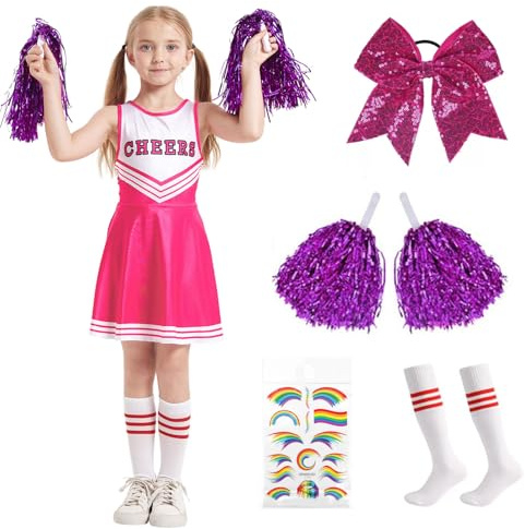 Disfraz de animadora para niños, disfraz de animadora para mujer, disfraz de animadora para niña, disfraz infantil con calcetines, pompones, arco y pegatinas arcoíris para carnaval, Halloween (110-150