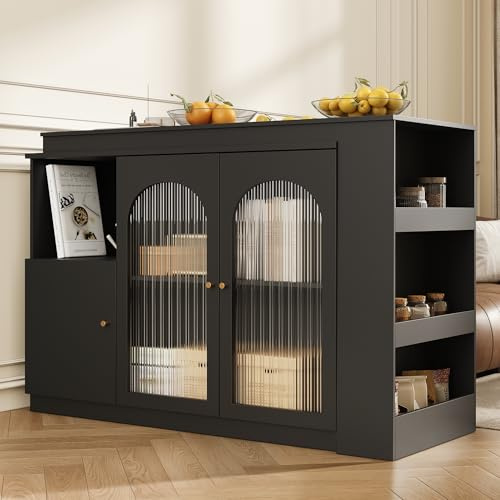 FAYICIC Tavolo da bar girevole a 360° (corpo principale 120 x 40 x 97 cm), moderno e semplice armadietto girevole per mangiare e bar multifunzionale, con anta in vetro (nero)