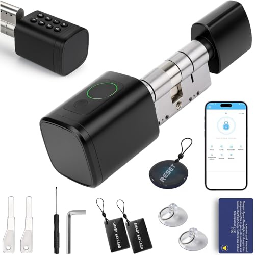 Serrure de porte électronique avec empreinte digitale - Smart Lock avec cylindre de serrure réglable de 60 à 90 mm, serrure de porte d'entrée avec empreinte digitale, mot de passe, RFID, Bluetooth
