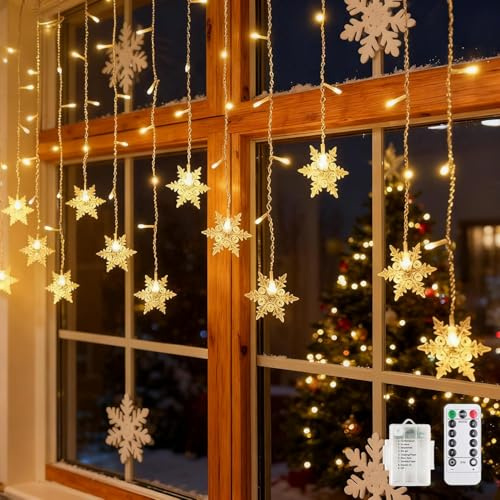 YeahBoom Lichterkette Schneeflocken,4M 115 LEDs Lichtervorhang Batterie,Lichtervorhang Weihnachten mit 8 Modi und Fernbedienung,LED Schneeflocke Vorhang Lichter,für Weihnachtsdeko Innen Außen