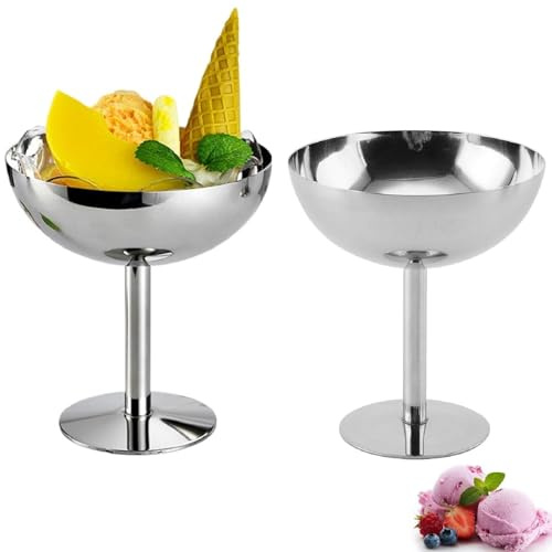 YilinkMart 200ml Eisbecher Dessertschale Edelstahl Mit Fuß, 2 Stück Dessert Tassen Servierschüssel, Cocktail Gläser Dessertbecher Für Eis, Eiscreme, Obst, Salat, Pudding (L,Edelstahl)
