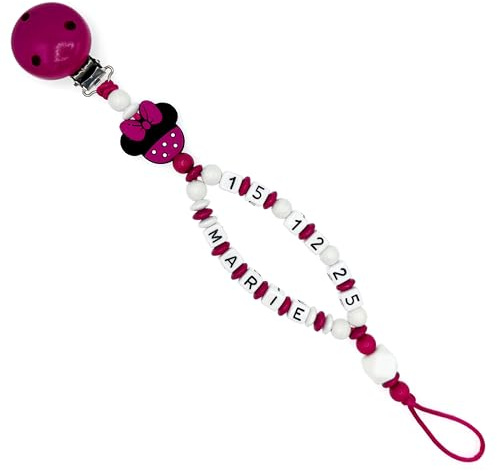 Nuckelkette mit Doppelnamen Geburtsdatum  MAUS  Dunkelpink Weiß/Baby/Unisex/Personalisiert/HANDMADE
