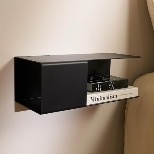 Designfabrik Hamburg Schwebender Nachttisch | Schwarz | aus Metall | Hängender Nachtschrank mit versteckter Ablage und Kabelführung | schmaler Wand Nachttisch fürs Schlafzimmer | Modernes Design