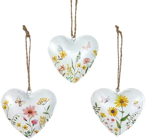 3 Herzanhänger weiß, bunt 6,5 cm Metall – Sommerdeko Hochzeit | Frühling Tischdeko liebevolles Detail Wohnzimmer Fenster
