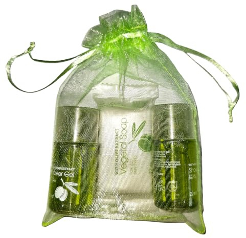 30 Sets: 30 Haar & Body Duschgel 20ml, 30 Shower Gel 20ml, 30 Vegetal Soap 12g mit Olivenölextrakt, 30 Stück, einzeln verpackt im Geschenksäckchen