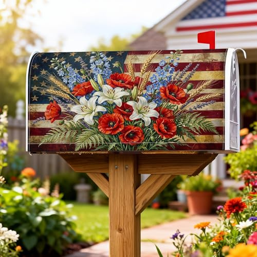 Coperture magnetiche per cassette postali con papaveri, copertura patriottica rustica per cassetta postale con gigli di grano estate rossa per esterni decorazione da cortile 53 x 64 cm