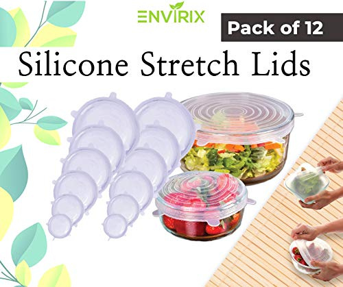 Silicone Stretch lids Food Cover by Envirix | 12 Pack | Plastic & Cling Film Alternative | Reusable & Expandable Food Covers - Food Containers - Dishes - Bowls | Eco Friendly - BPA Free
