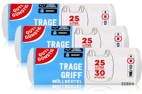 Gut & Günstig Bra och billigt bärhandtag, soppåse 25 l (30 stycken 3-pack (3 x 30 stycken) slitstarka och vätsketät