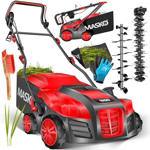 MASKO® Scarificateur électrique 2 en 1 Aérateur de gazon 1 800 watts largeur de travail 40 cm bac de ramassage 55 L incluant rouleau de ventilation aérateur démousseur, profondeur de travail, rouge