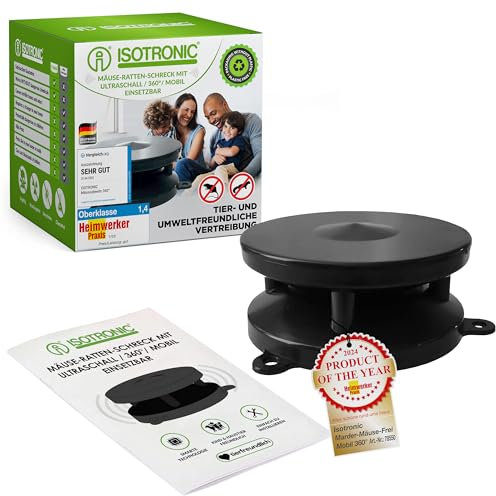 ISOTRONIC Mäuseschreck/Marderabwehr Mobil 360°mit Ultraschall | für Auto, Haus, Garage, Dachboden | vertreibt Marder, Mäuse, Ratten, Siebenschläfer