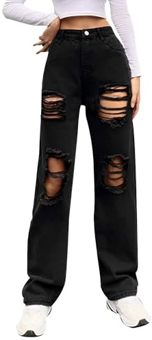 Genleck Women Loose Ripped Boyfriends Jeans High Waist Baggy Denim Pants Distressed Wide Leg Y2K Mom Jeans Black 90s