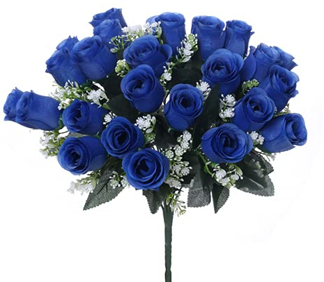 FSUK Rosal de seda artificial de 41 cm con gitano y follaje, 24 cabezas de flores, decoración para el hogar de la tumba (azul real)