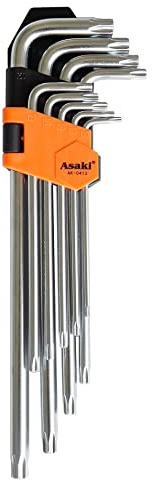 Asaki Innensechskant Satz 9tlg - Sicherheits Torx Satz mit Stirnloch - Lang mit Haltertasche - Stiftschlüssel Satz - 2,8 bis 9mm - T10-T50 - Gebindeschonend