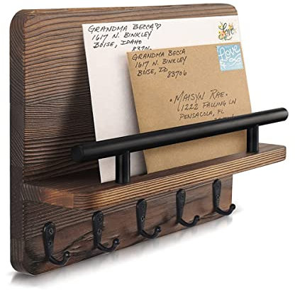 LJBOZ Schlüsselbrett Holz mit Ablage, Wandregal Holz für Schlüsselbrett, Zeitschriftenhalter Wand Holz mit 5 Haken, Schliissel Organizer Wand für Prospekten, Schlüssel, Magazin (Braun)