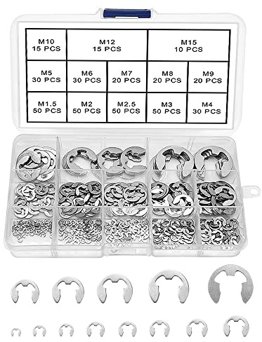 VooGenzek 390 Pièces Bague de Retenue Eexterne Snap Kit, En Acier Inoxydable E-Clip Anneau de Retenue Externe Snap Kit, 13 Tailles M1.5/2/2.5/3/4/5/6/7/8/9/10/12/15 avec Boîte en Plastique