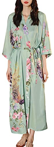 MEDUOLA Peignoirs de bain été pour Femme Peignoire Kimono de Satin Pyjama en Soie Imprimée Chemise de Nuit Longue Sexy et Éléganteà paon vert