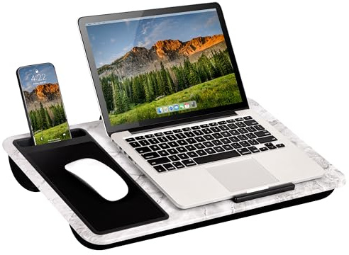 LAPGEAR Home Office Lap Desk - Left-Handed - with Mouse Pad, Device Ledge, and Phone Holder - White Marble - Fits up to 15.6 Inch Laptops - Style No. 91411