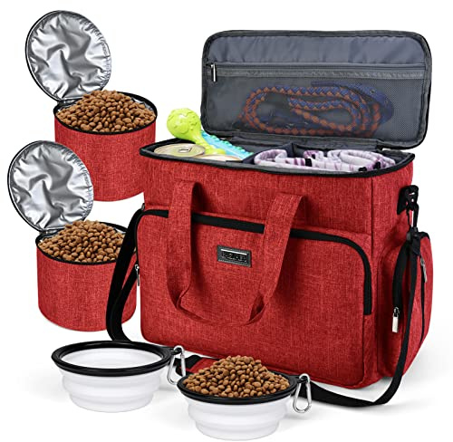 BAGLHER Hundetasche, Haustier-Reisetasche (alle Haustier-Reisebedarf), mit 2 Haustierfutterbehältern und 2 faltbaren Silikonnäpfen; unverzichtbare Kits für Haustierreisen, Rot