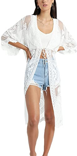 YouKD Blommig klänning med spets för kvinnor, kaftan med lös passform, rymlig kimono, täckande strandklänning för baddräkt, F vit, en storlek