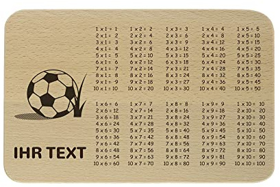 Frühstücksbrettchen Fußball personalisiert, Holz graviert, 1x1 lernen | Buchenholz-Brett mit Namensgravur, Fußball-Motiv & kleinem Einmaleins – Geschenk zur Einschulung, 23x15x1 cm
