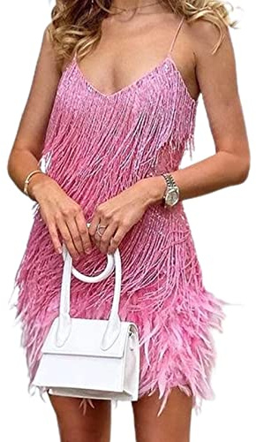 VALINK Pailletten-Quasten-Partykleider für Damen, auffällig, dehnbar, für Abendveranstaltungen, Cocktailpartys, sexy Quasten, Pailletten-Schultergurt, Rosa